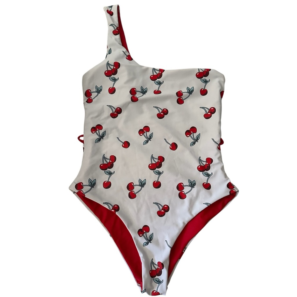 Stylish one-shoulder swimsuit with cherry print Small